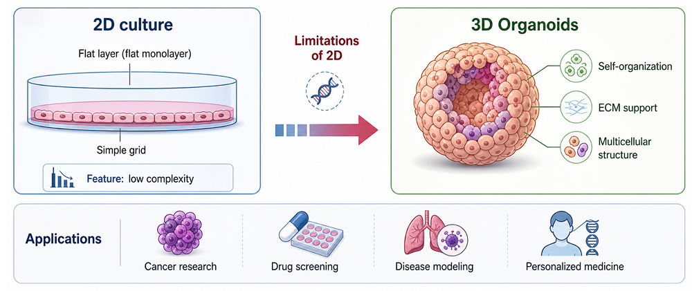 Diagram comparing 2D cell culture and 3D organoids showing their features and biomedical applications 